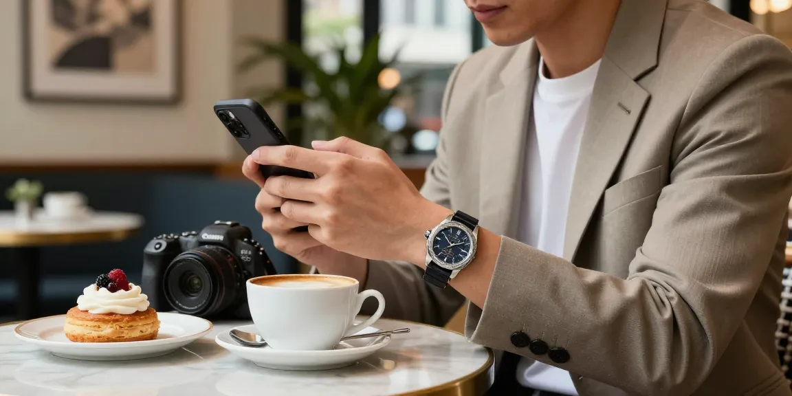 Stylish individual displaying premium clone watches at café, showcasing luxury and sophistication.