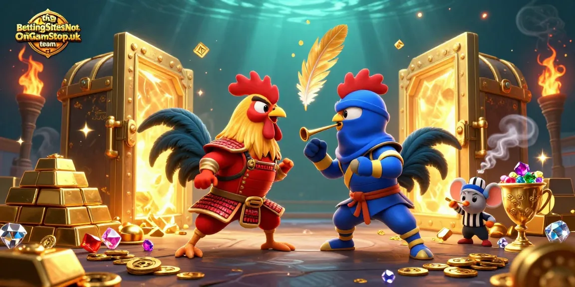Witness the BettingSitesNotOnGamStop.uk team in action as cartoon roosters duel amidst dazzling gold.